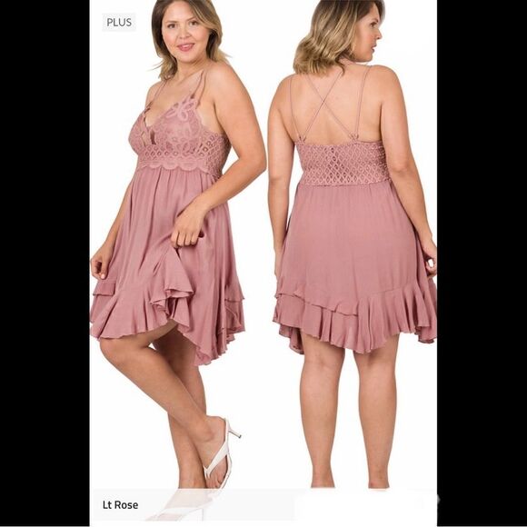 12. Plus Dusty Rose CROCHET LACE ASYMMETRIC SEXY RUFFLE TRIM DRESS NWT BOUTIQUE - Picture 2 of 2